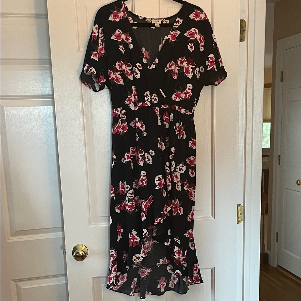 J. Crew Black and Pink Floral Midi Dress
